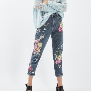 Topshop MOTO Floral Embroidered Mom Jeans 28